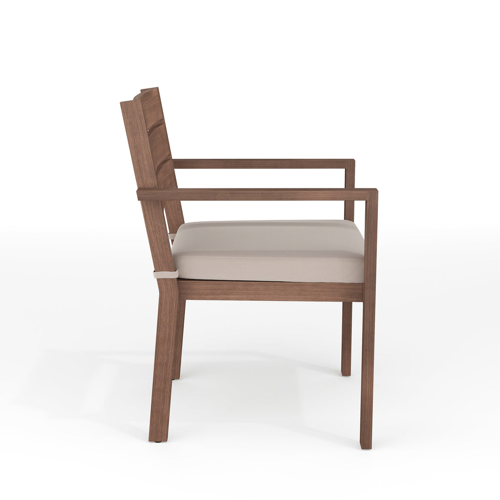 Bedford Indoor-Outdoor Stackable Patio Dining Armchair with Brushed Woodgrain Aluminum Finish and All-Weather Seat Cushion