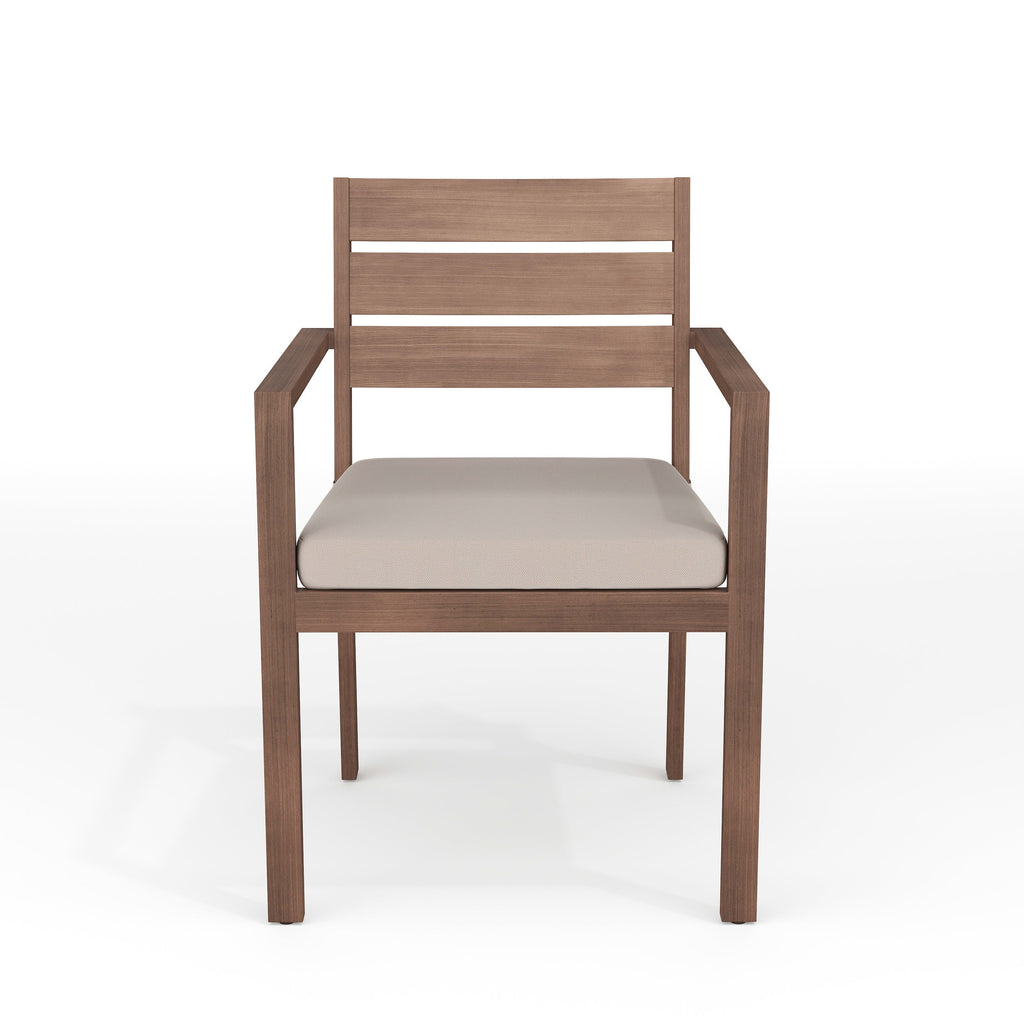 Bedford Indoor-Outdoor Stackable Patio Dining Armchair with Brushed Woodgrain Aluminum Finish and All-Weather Seat Cushion