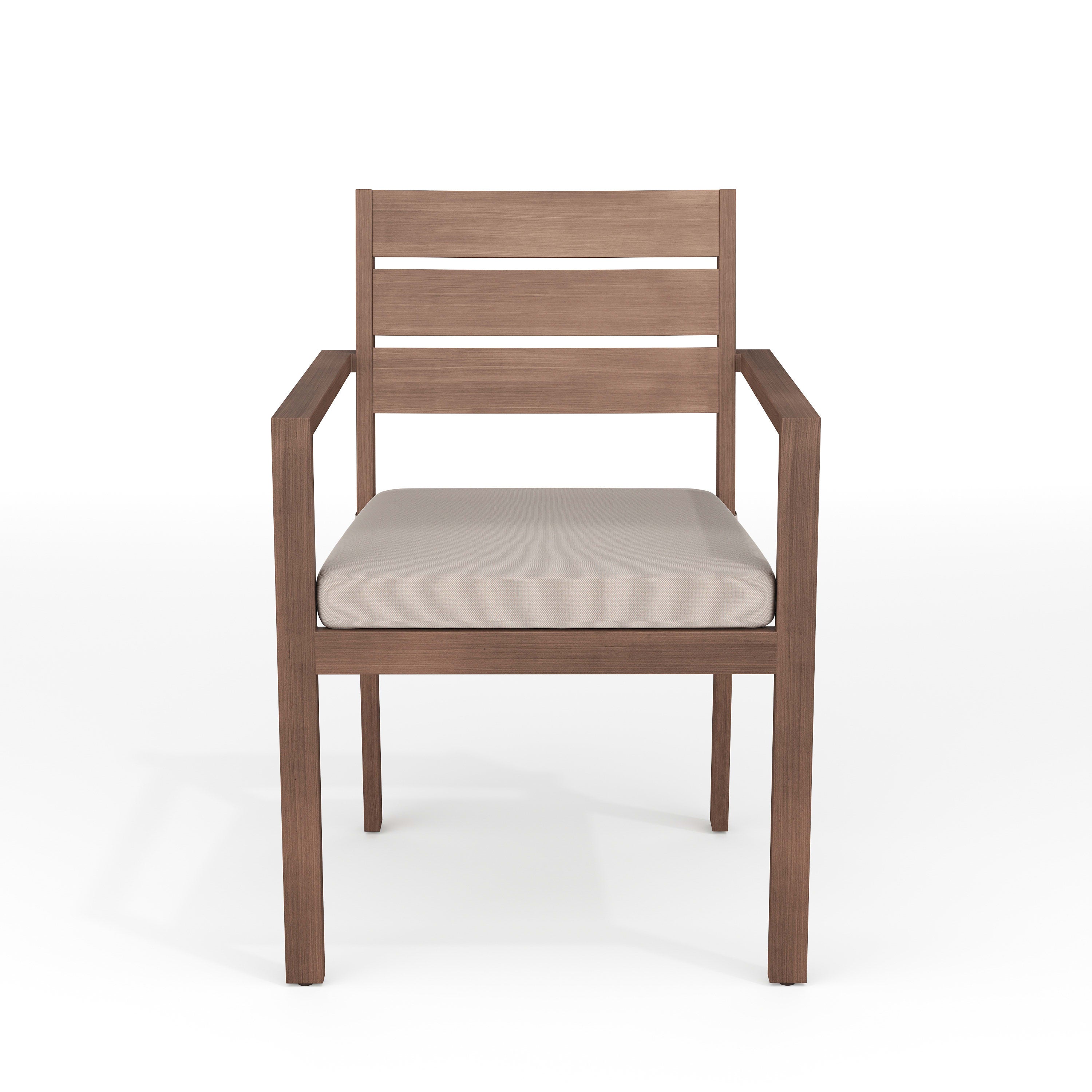Bedford Indoor-Outdoor Stackable Patio Dining Armchair with Brushed Woodgrain Aluminum Finish and All-Weather Seat Cushion