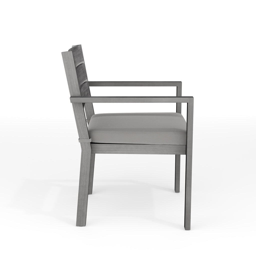 Bedford Indoor-Outdoor Stackable Patio Dining Armchair with Brushed Woodgrain Aluminum Finish and All-Weather Seat Cushion