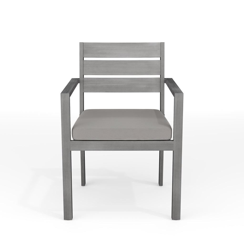 Bedford Indoor-Outdoor Stackable Patio Dining Armchair with Brushed Woodgrain Aluminum Finish and All-Weather Seat Cushion