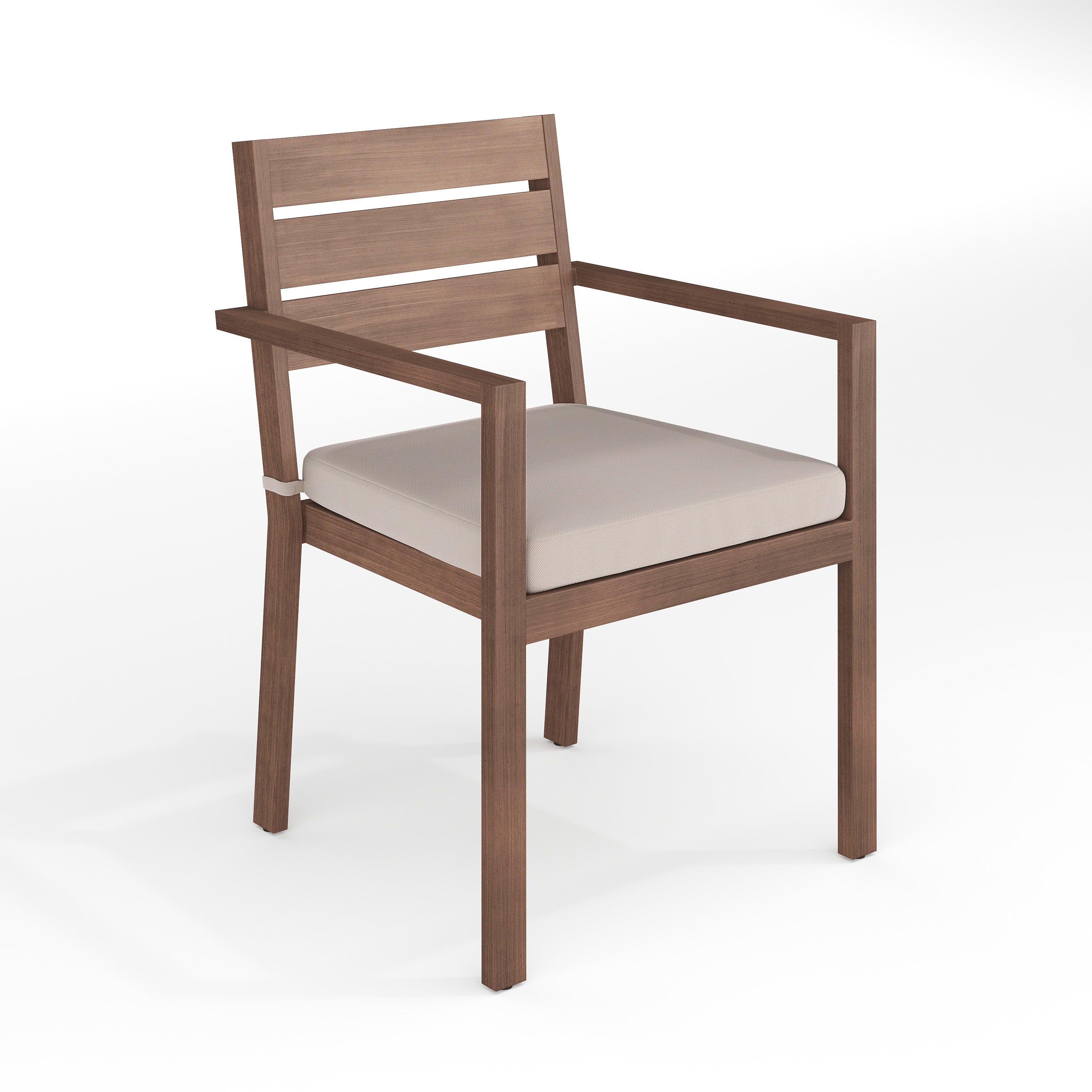 Bedford Indoor-Outdoor Stackable Patio Dining Armchair with Brushed Woodgrain Aluminum Finish and All-Weather Seat Cushion