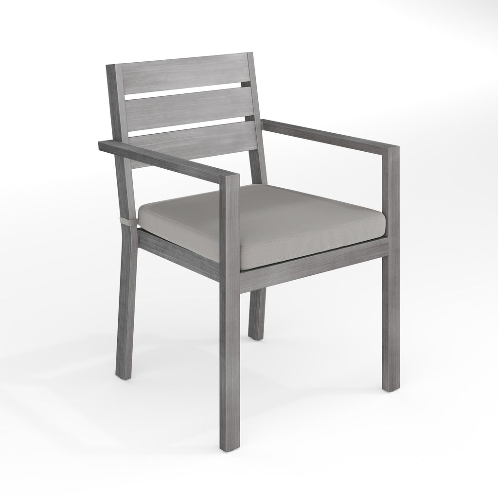 Bedford Indoor-Outdoor Stackable Patio Dining Armchair with Brushed Woodgrain Aluminum Finish and All-Weather Seat Cushion