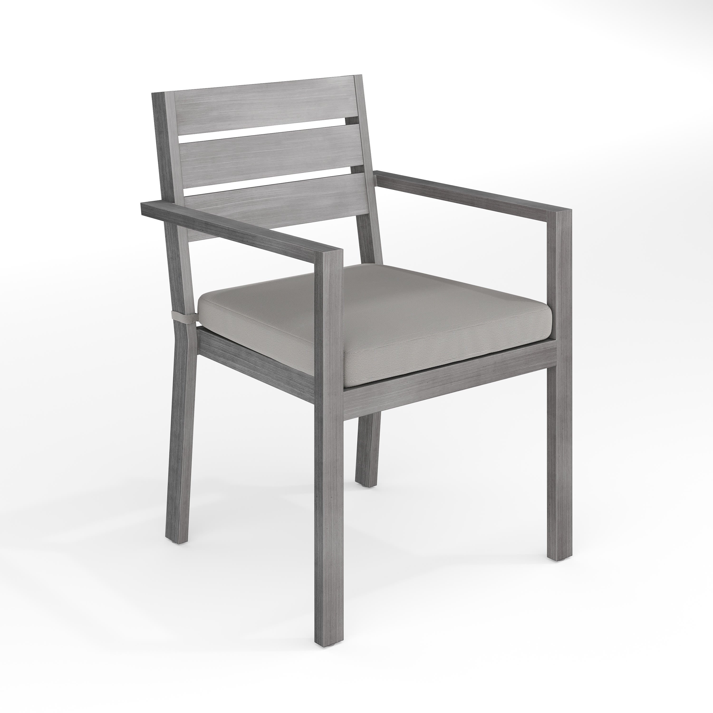 Bedford Indoor-Outdoor Stackable Patio Dining Armchair with Brushed Woodgrain Aluminum Finish and All-Weather Seat Cushion