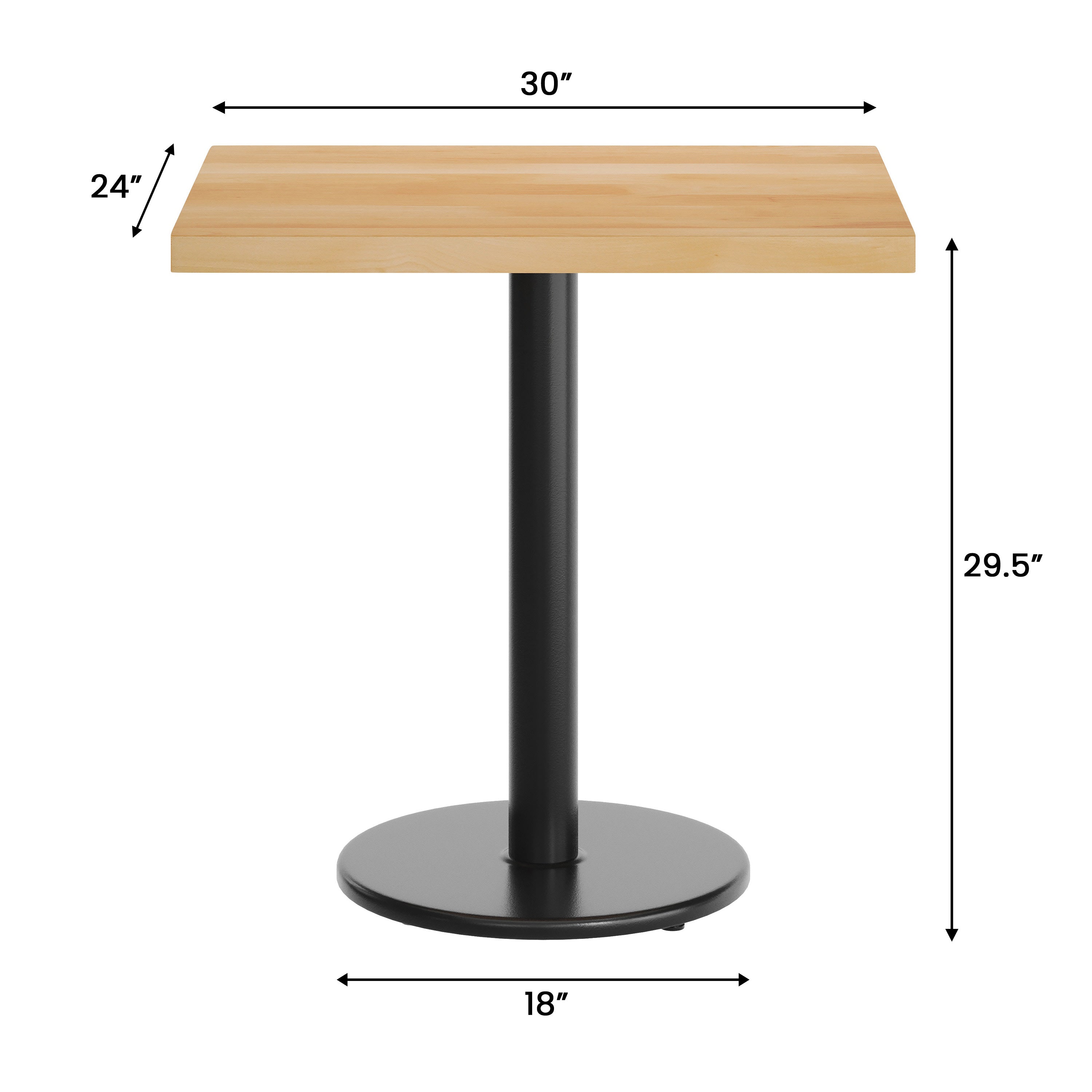 Rectangular Solid Wood Commercial Tabletop with 18" Round Dining Height Base