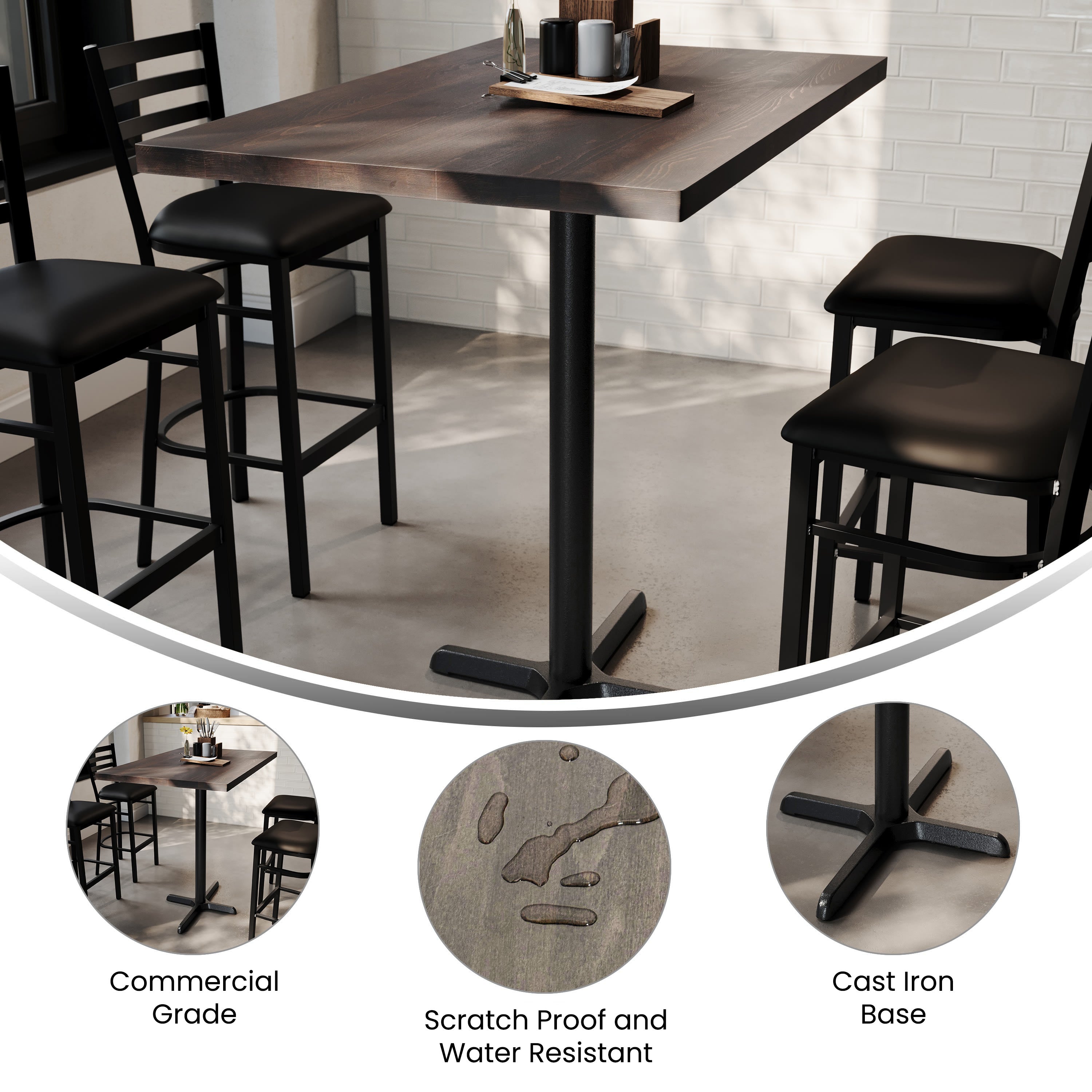 Rectangular Solid Wood Commercial Tabletop with 23.5" x 29.5" Bar Height X-Base