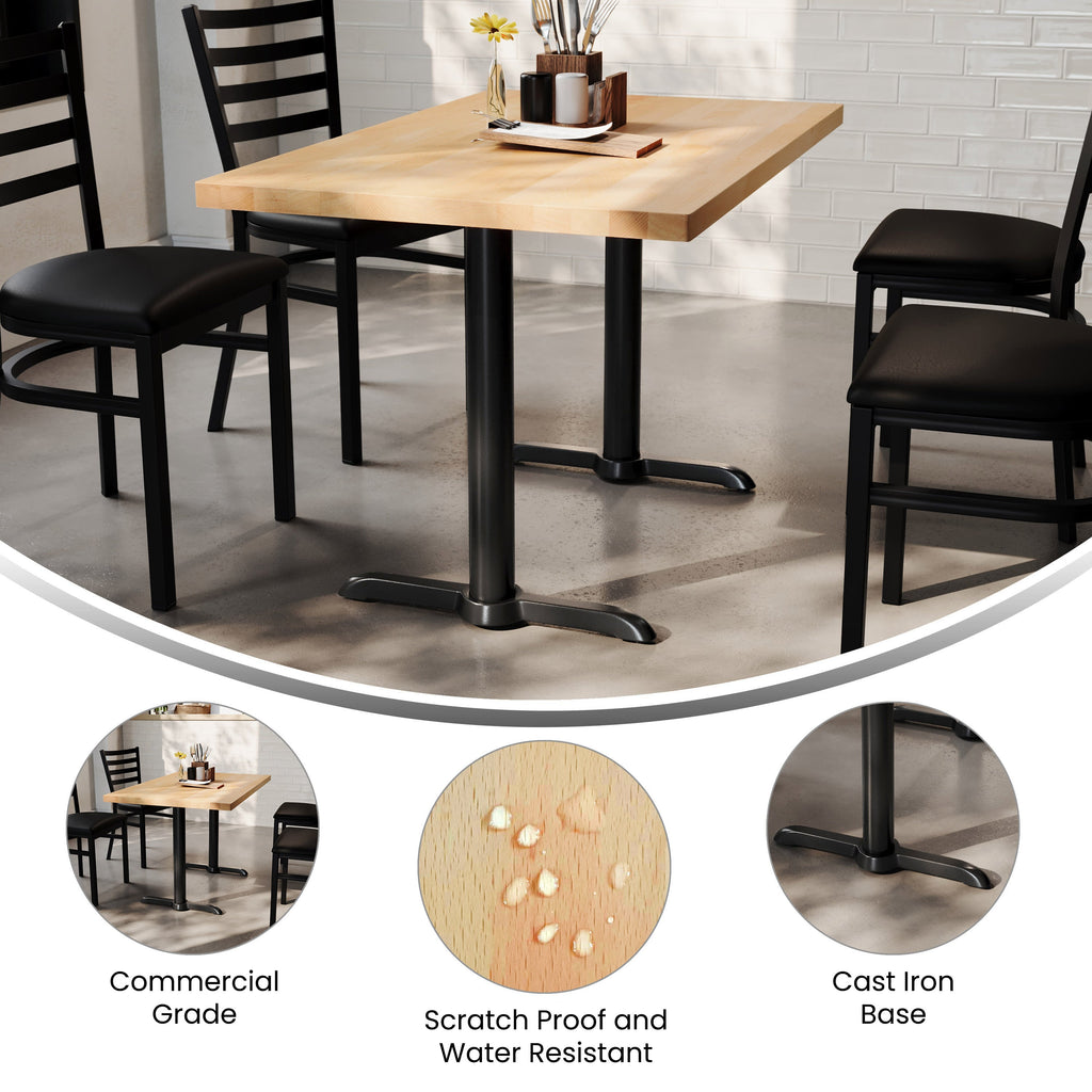 Rectangular Solid Wood Commercial Tabletop w/Two 22" x 22" Dining Height T-Bases