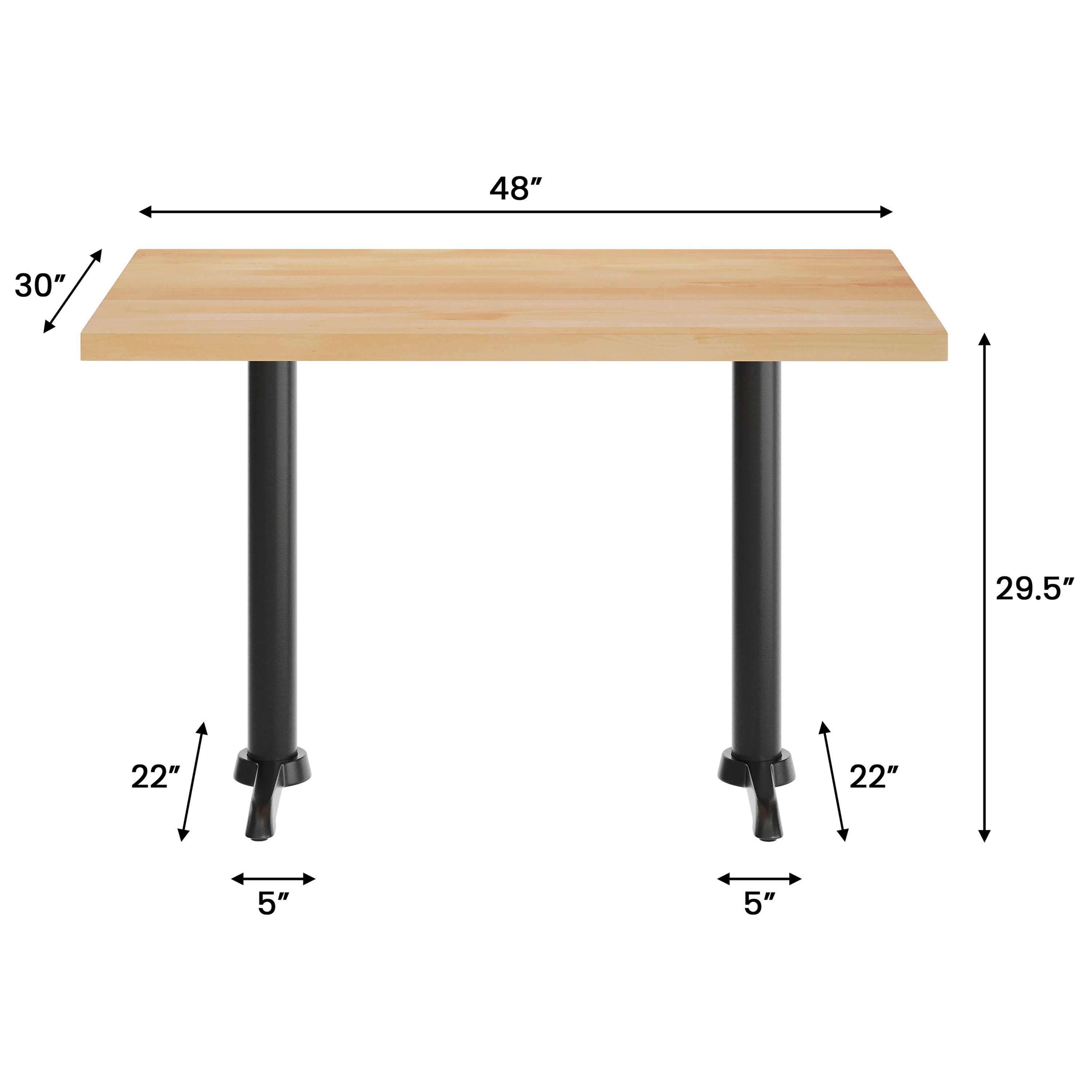 Rectangular Solid Wood Commercial Tabletop w/Two 22" x 22" Dining Height T-Bases