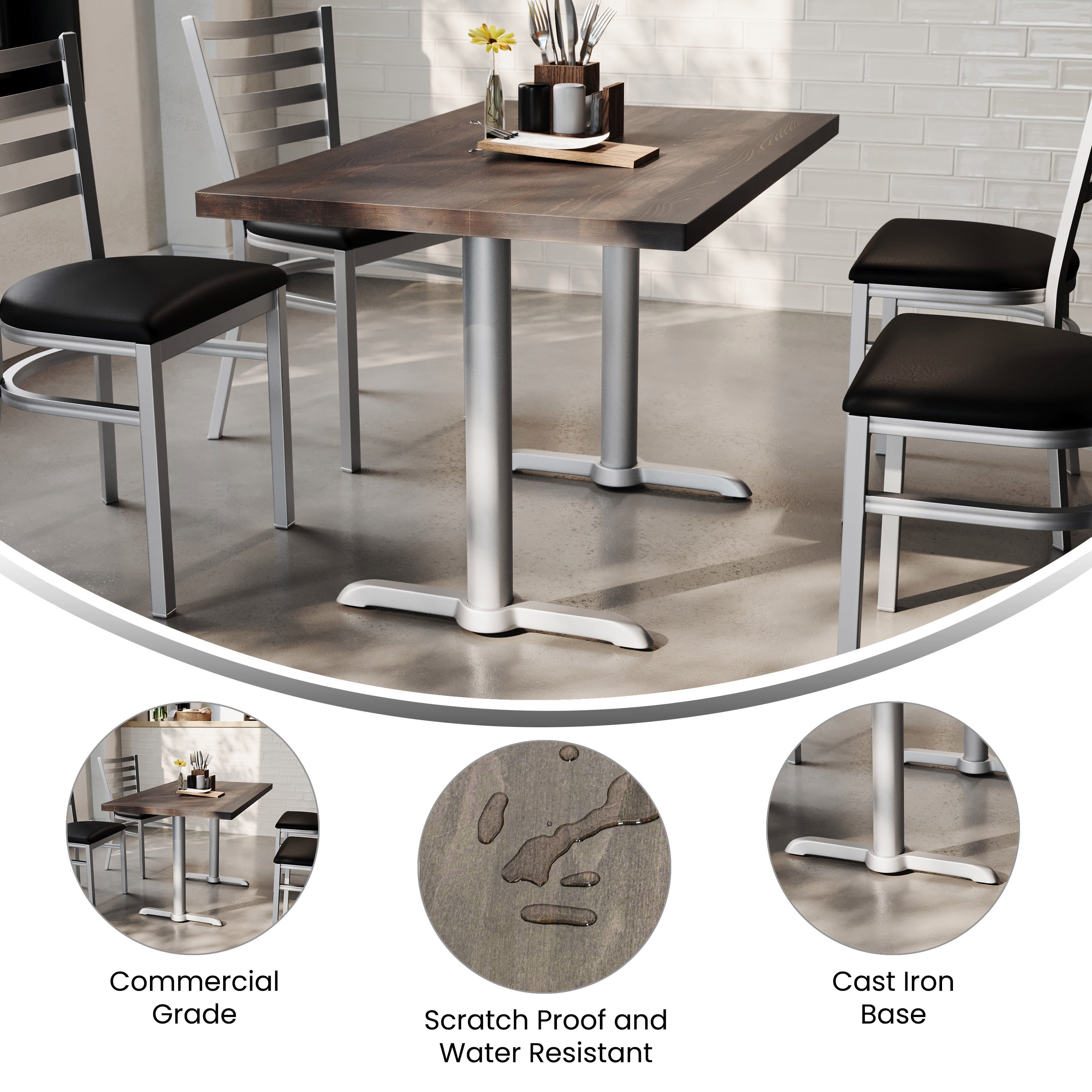 Rectangular Solid Wood Commercial Tabletop w/Two 22" x 22" Dining Height T-Bases