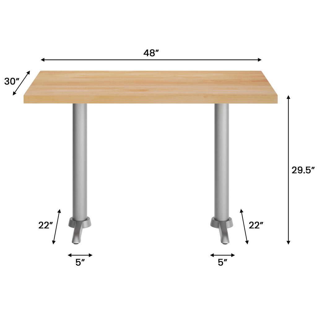Rectangular Solid Wood Commercial Tabletop w/Two 22" x 22" Dining Height T-Bases