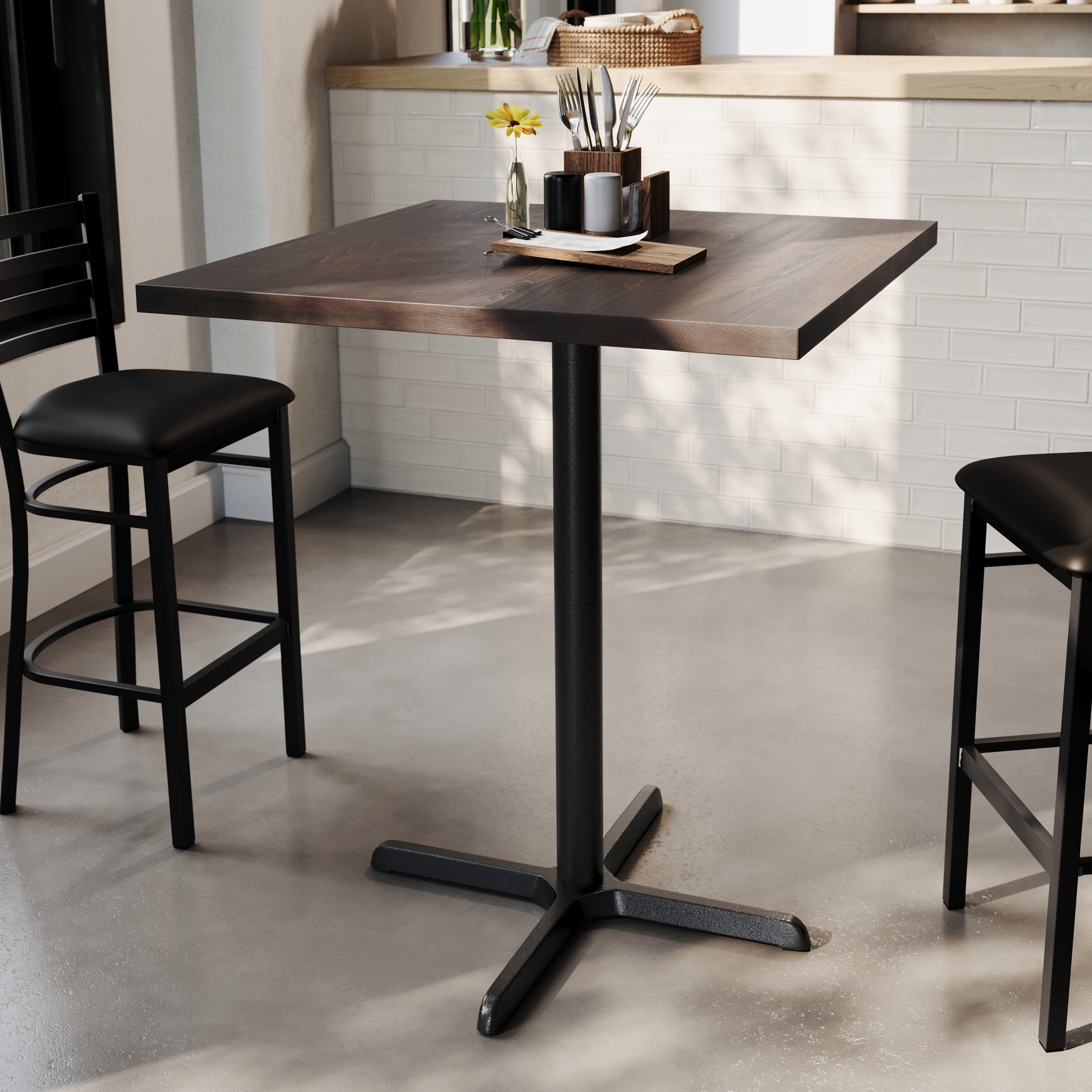 Square Solid Wood Commercial Tabletop with 30" x 30" Bar Height X-Base