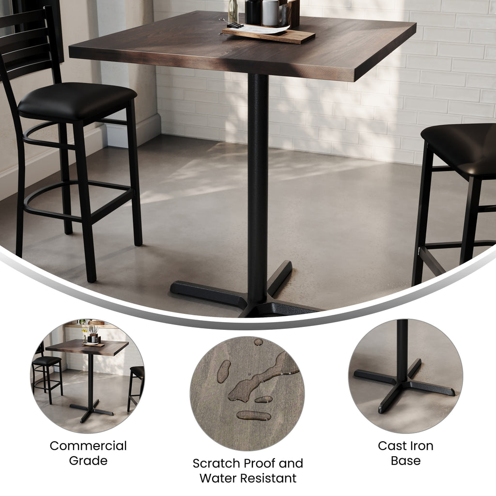 Square Solid Wood Commercial Tabletop with 30" x 30" Bar Height X-Base
