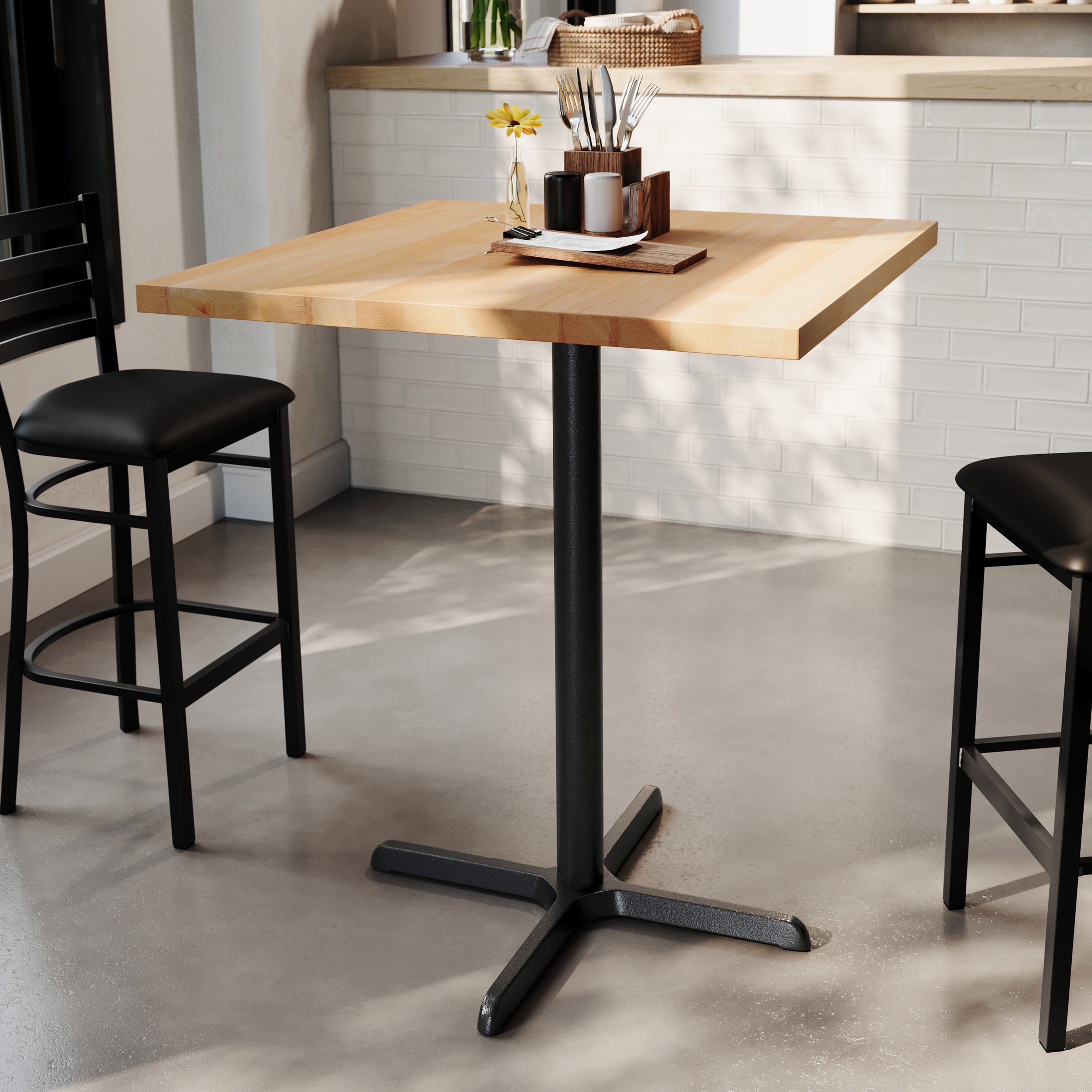 Square Solid Wood Commercial Tabletop with 30" x 30" Bar Height X-Base