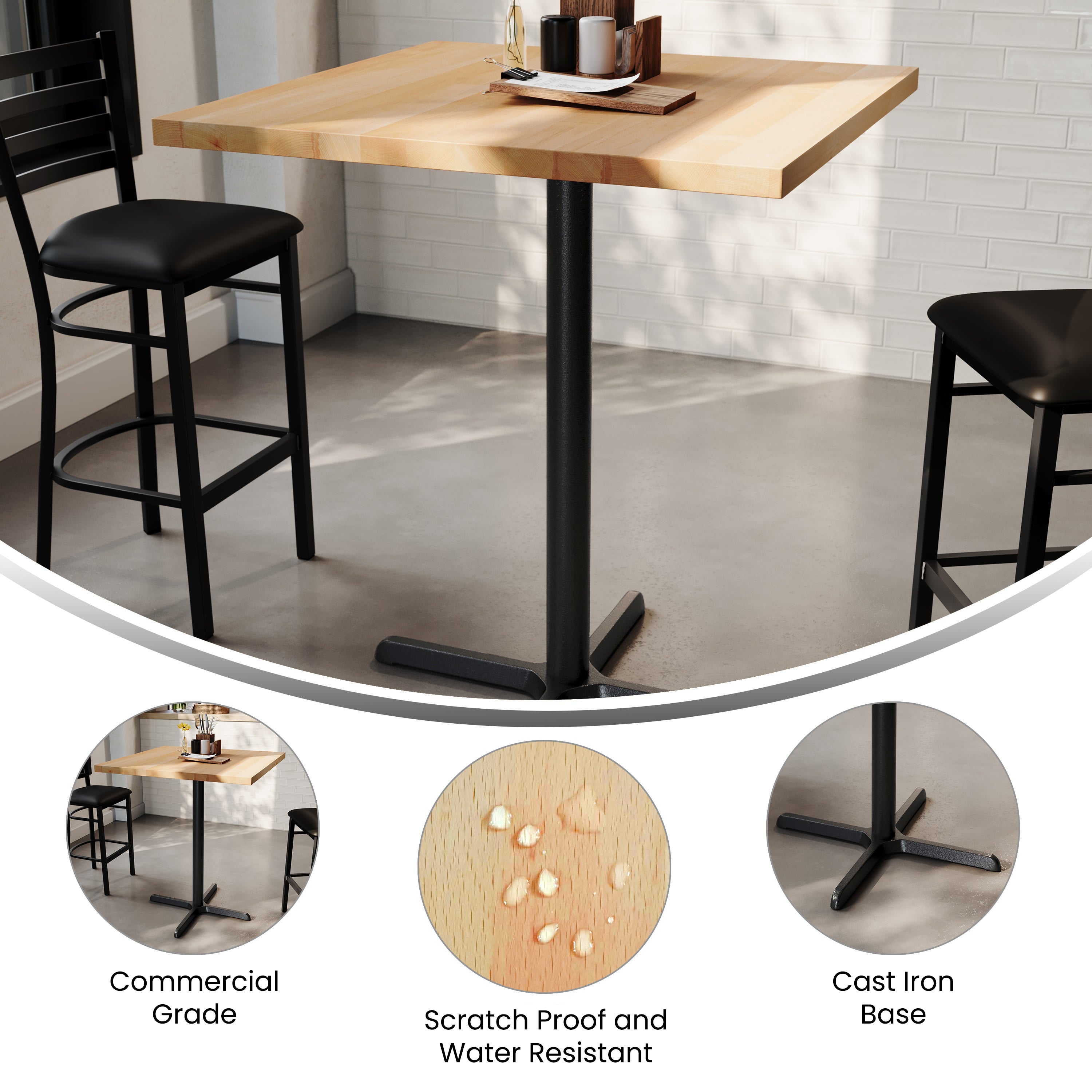 Square Solid Wood Commercial Tabletop with 30" x 30" Bar Height X-Base
